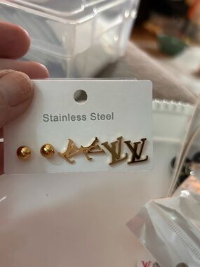 Gold Stainless Steel Logo Stud Earring Set